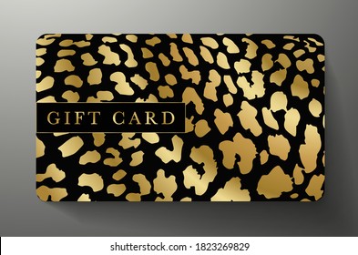 Gift card with golden leopard print on back background. Gold royal template useful for any luxe design, premium shopping card (loyalty card), exclusive voucher or gift coupon