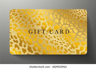 Gift card with golden leopard print background. Gold royal template useful for any luxe design, premium shopping card (loyalty card), voucher or gift coupon