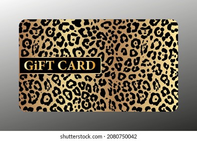 Gift card with golden leopard print on black background. Gold royal template for any luxe design, premium shopping or loyalty card, voucher or gift coupon, vip certificate.