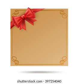 gift card with golden swirl frame and red ribbon. red bow decoration on celebration card. vector illustration