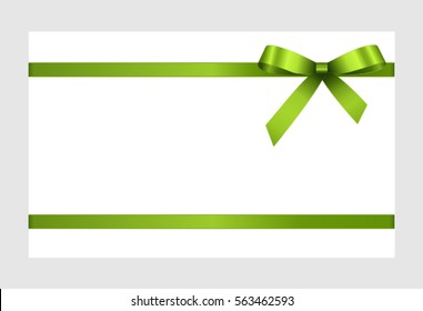 Gift Card With Green  Ribbon And A Bow on white background.  Gift Voucher Template.  Vector image.