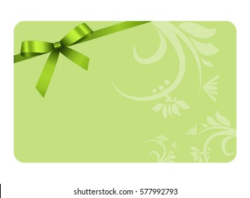 Gift Card With Green Ribbon And A Bow on green background.  Gift Voucher Template.  Vector image.