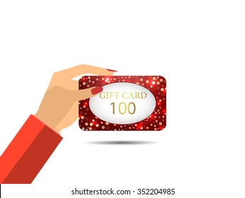 Gift card in hand. Discount coupons. Woman's hand. Vector illustration.