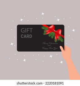 Gift card in hand. Hand Holding Gift Card. Discount coupons. Vector Illustration