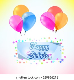 Gift card "Happy birthday" with bright colorful balloons, banner and dots. Vector illustration