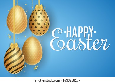 Gift card for Happy Easter. Hanging golden eggs with a pattern on a light background. Holiday template for your design. Vector illustration. EPS 10