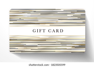 Gift card with horizontal gold, black, silver lines on white background. Dark royal template useful for any invitation luxe design, premium shopping card (loyalty card), voucher or formal gift coupon