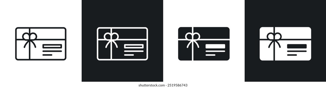 Gift card icon collection in black and white filled and stroke line style.