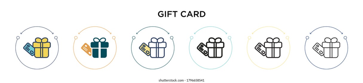 Icono de tarjeta de regalo en estilo relleno, delgado, contorno y trazo. Ilustración vectorial de dos diseños de iconos vectoriales de tarjetas de regalo de color y negro para móviles, ui, web
