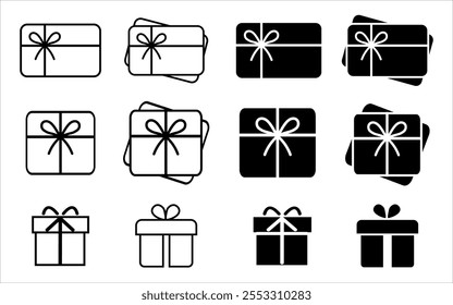 gift Card Icon Pack gift box, gift voucher, gift ribbon certificate vector set. Special present sign,, discount program symbol, quality business concept, win present,  Christmas present box wrap