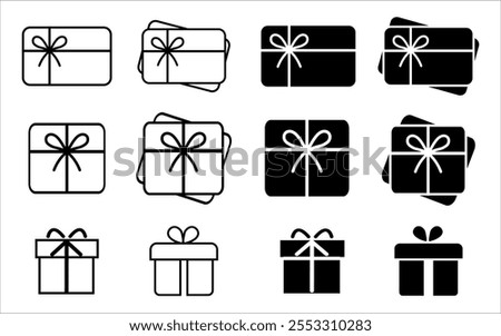 gift Card Icon Pack gift box, gift voucher, gift ribbon certificate vector set. Special present sign,, discount program symbol, quality business concept, win present,  Christmas present box wrap