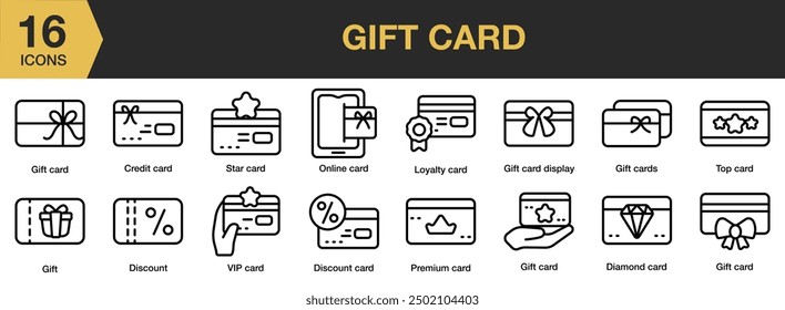 Gift Card icon set. Includes credit card, diamond, premium, online, star, and More. Outline icons vector collection.