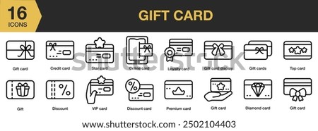 Gift Card icon set. Includes credit card, diamond, premium, online, star, and More. Outline icons vector collection.