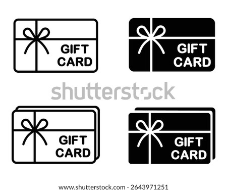 Gift card icon. Shopping gift card vector icon black and white color. Gift certificate vector set. Gift voucher or loyalty card symbol. Vector illustration.