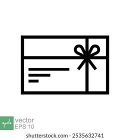 Icono de Tarjeta de regalo. Estilo de contorno simple. Voucher, prepago, descuento, Cupón, compra, Mercancía, venta, concepto de negocio. Ilustración vectorial de línea fina aislada sobre fondo blanco. EPS 10.