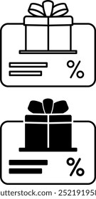 Iconos de Tarjeta de regalo. Iconos de vector blanco y negro. Tarjeta de regalo para hacer compras, certificado de regalo, tarjeta de fidelidad. Festiva y concepto de compras