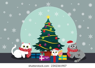 Gift card, illustration of Christmas kittens under the tree with gifts