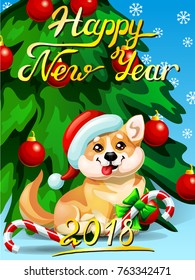 Gift card with an inscription of Happy New year 2018, a Welsh Corgi, a fir-tree with jewelry and a Candy cane. A vector cartoon illustration in cartoon 3d style, vertical.