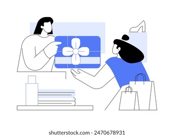 Geschenkkarte isolierte Cartoon-Vektorillustrationen. Verkäufer gibt eine Geschenkkarte zu einem Geschäft Kunde, Smart Retail, Shopping-Treueprogramm, Modeboutique Promotion Vektorgrafik Cartoon.