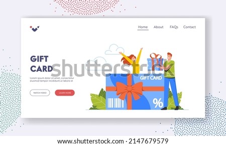 Gift Card Landing Page Template. Customers Care and Loyalty Program. Tiny Man Buyer Character Stand at Huge Certificate Giving Gift Box to Woman. Consumerism Special Offer. Cartoon Vector Illustration