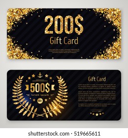 Gift card layout template with gold laurel wreath. Shopping certificate, glittering premium vip design. Vector illustration. Golden Dust Corners Decor