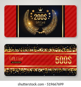 Gift card layout template with gold laurel wreath and confetti. Shopping certificate, glittering premium vip design. Vector illustration. 