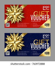 Gift card layout template with golden bow ribbon in corners. Shopping certificate, glittering premium vip design. Vector. Black and white set