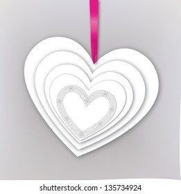 Gift card with love and ribbon. Abstract white paper love heart shaped background.