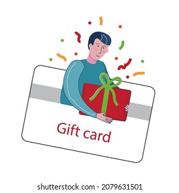 Gift card with man and gift box. Vector illustration