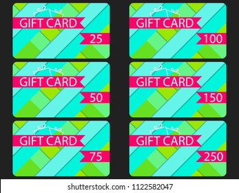Gift card in material design style. Layers of cut paper. The cards cost in 25, 50, 75 100, 150, 250. Set of vector illustration