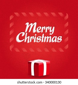 Gift card for Merry Christmas with frame and gift box on a grunge textured background. Vector retro vintage illustration
