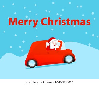 Gift card Merry Christmas. Vector Santa Claus drive car red color in snowy winter and delivery gifts. happy New Year funny illustration