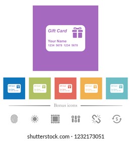 Gift card with name and numbers flat white icons in square backgrounds. 6 bonus icons included.