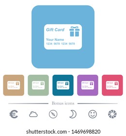 Gift card with name and numbers white flat icons on color rounded square backgrounds. 6 bonus icons included