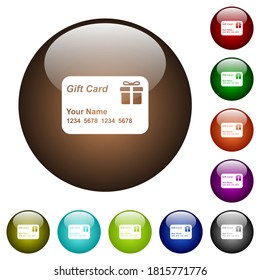 Tarjeta de regalo con nombres y números iconos blancos en botones de cristal redondo en varios colores