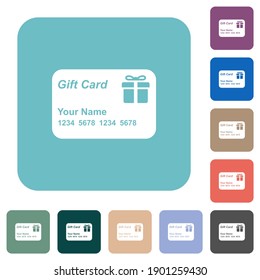 Tarjeta de regalo con nombre y números iconos planos blancos en fondo cuadrado redondeado de color