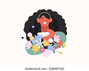Gift card -Online shopping and electronic commerce series - modern flat vector concept illustration of woman taking gift card from a bunch of flowers. Promotion, discounts, sale, online orders concept