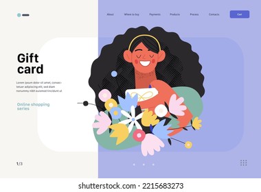 Gift card -Online shopping and electronic commerce web template - modern flat vector illustration of woman taking gift card from a bunch of flowers. Promotion, discounts, sale, online orders concept