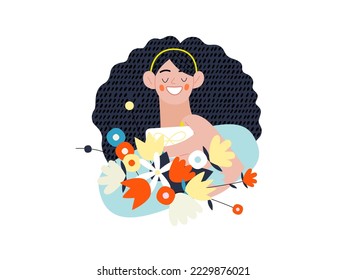 Gift card -Online shopping and electronic commerce series - modern flat vector concept illustration of woman taking gift card from a bunch of flowers. Promotion, discounts, sale, online orders concept
