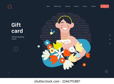 Gift card -Online shopping and electronic commerce series - modern flat vector concept illustration of woman taking gift card from a bunch of flowers. Promotion, discounts, sale, online orders concept