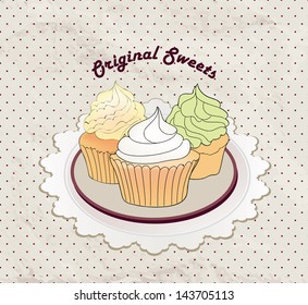  Gift card with pastry. Muffin on napkin in retro style over polka dot seamless pattern. Sweets vector set. Vintage cupcake background.