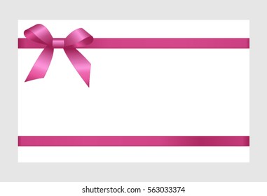 Gift Card With Pink Ribbon And A Bow on white background.  Gift Voucher Template.  Vector image.