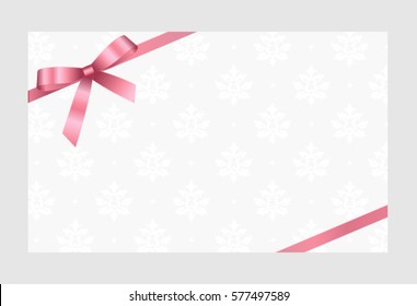 Gift Card With Pink Ribbon And A Bow on a background.  Gift Voucher Template.  Vector image.