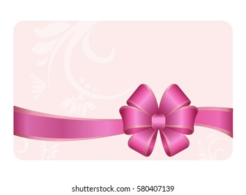 Gift Card With Pink Ribbon And A Bow on Pink background.  Gift Voucher Template.  Vector image.