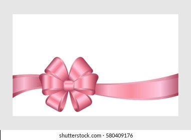 Gift Card With Pink Ribbon And A Bow on white background.  Gift Voucher Template.  Vector image.