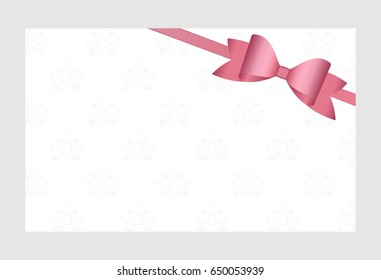 Gift Card With Pink Ribbon And A Bow on white background.  Gift Voucher Template.  Vector image.