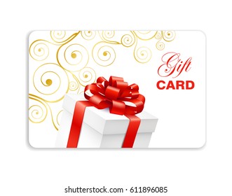 Gift card with present box with red bow and swirls pattern. Gift Or Credit Card Design Template. Vector illustration.