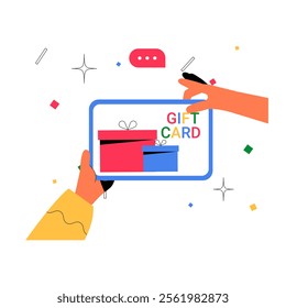 Gift Card With Present Boxes In Flat Vector Illustration Symbolizing Shopping, Gifting, And Celebration, Isolated On White Background