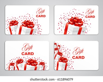 Gift card with present boxes with red bow and hearts confetti. Gift Or Credit Card Design Template. Vector illustration.