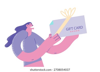 Tarjeta de regalo y concepto presente. Joven mujer sonriente personaje de dibujos animados de pie sosteniendo la Tarjeta de regalo en la caja de vacaciones con Ilustración vectorial de cinta